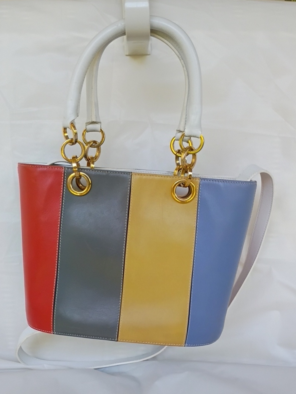 Ferragamo Multi-Color Striped Leather Tote Bag with Gold Hardware